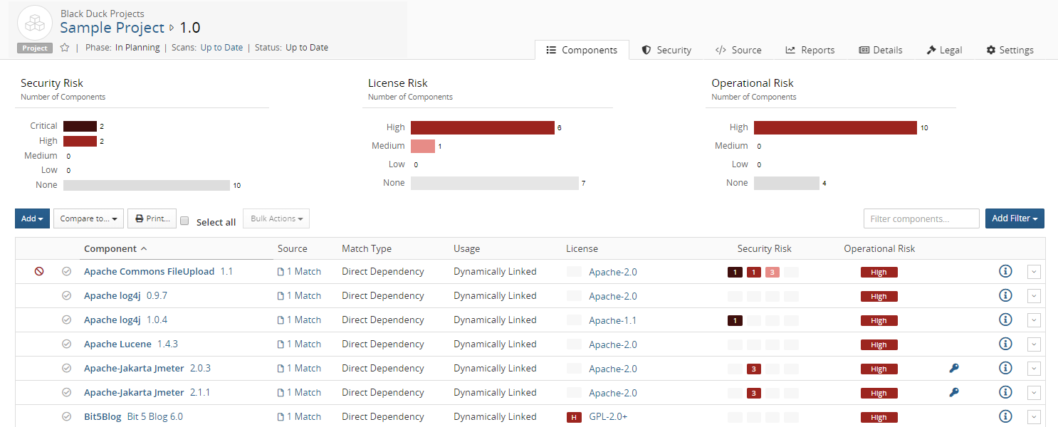 project version page/Components tab