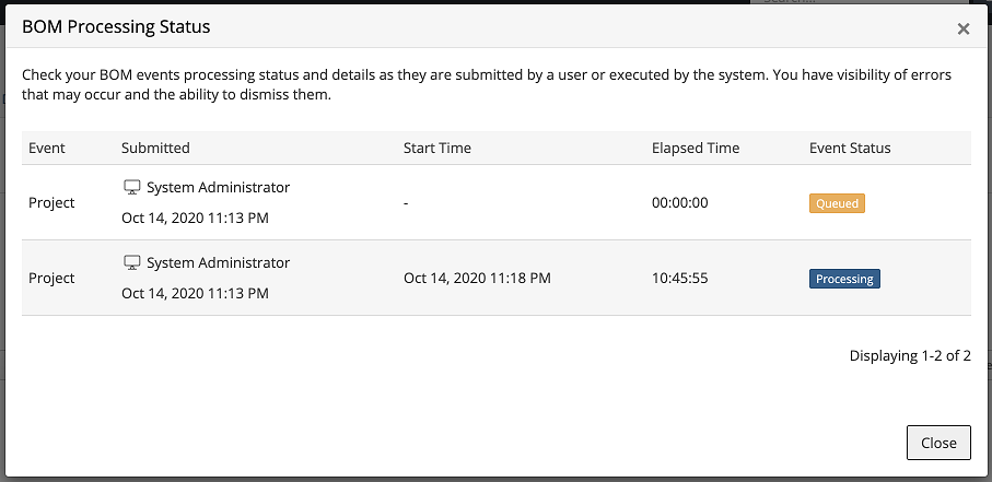 BOM Process Status dialog box