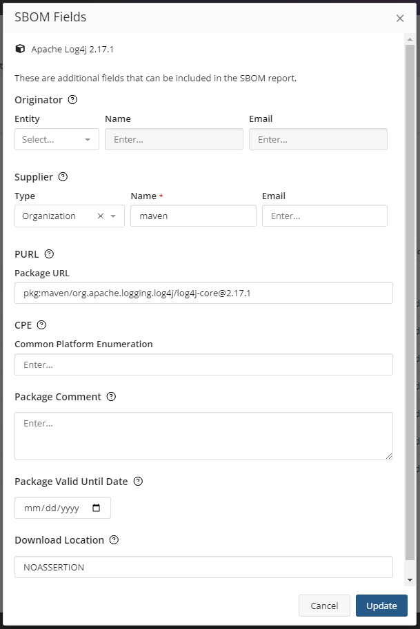 SBOM Fields dialog box