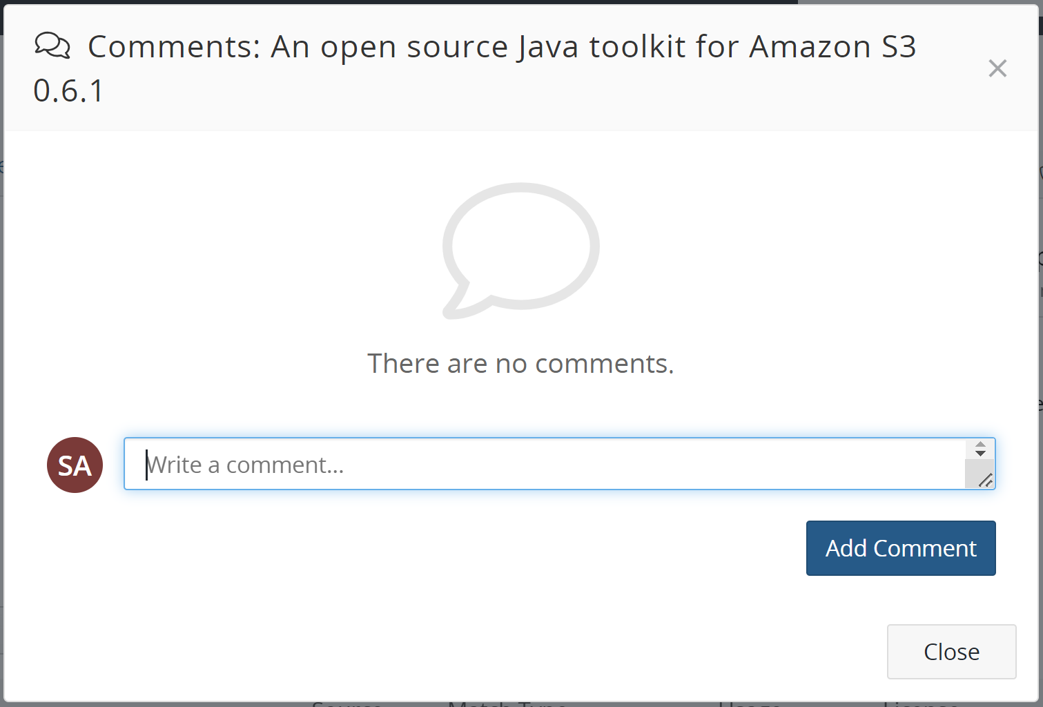 Component/Subproject Name Version Comment dialog box