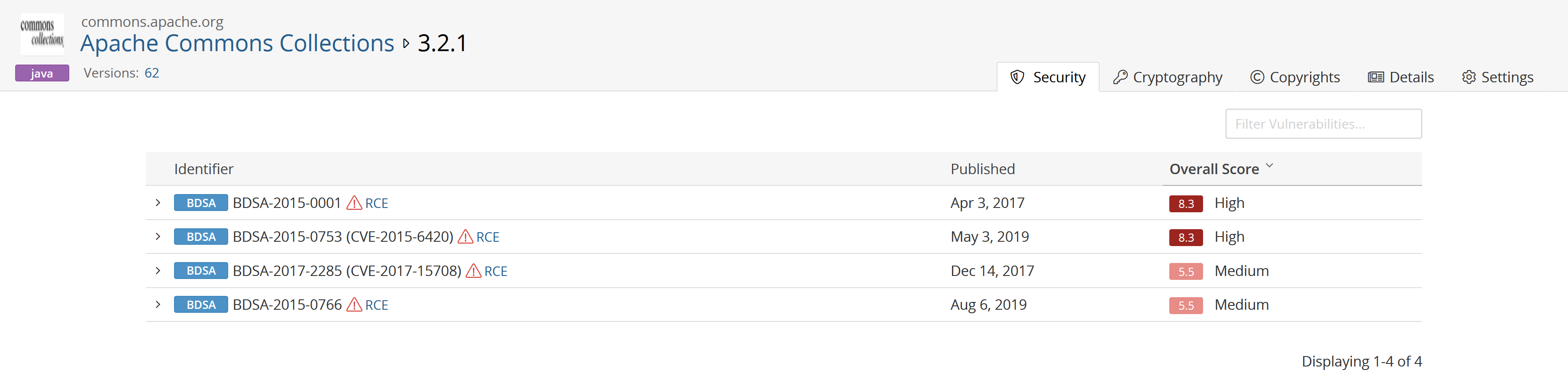 Component Name Vsn Security Tab