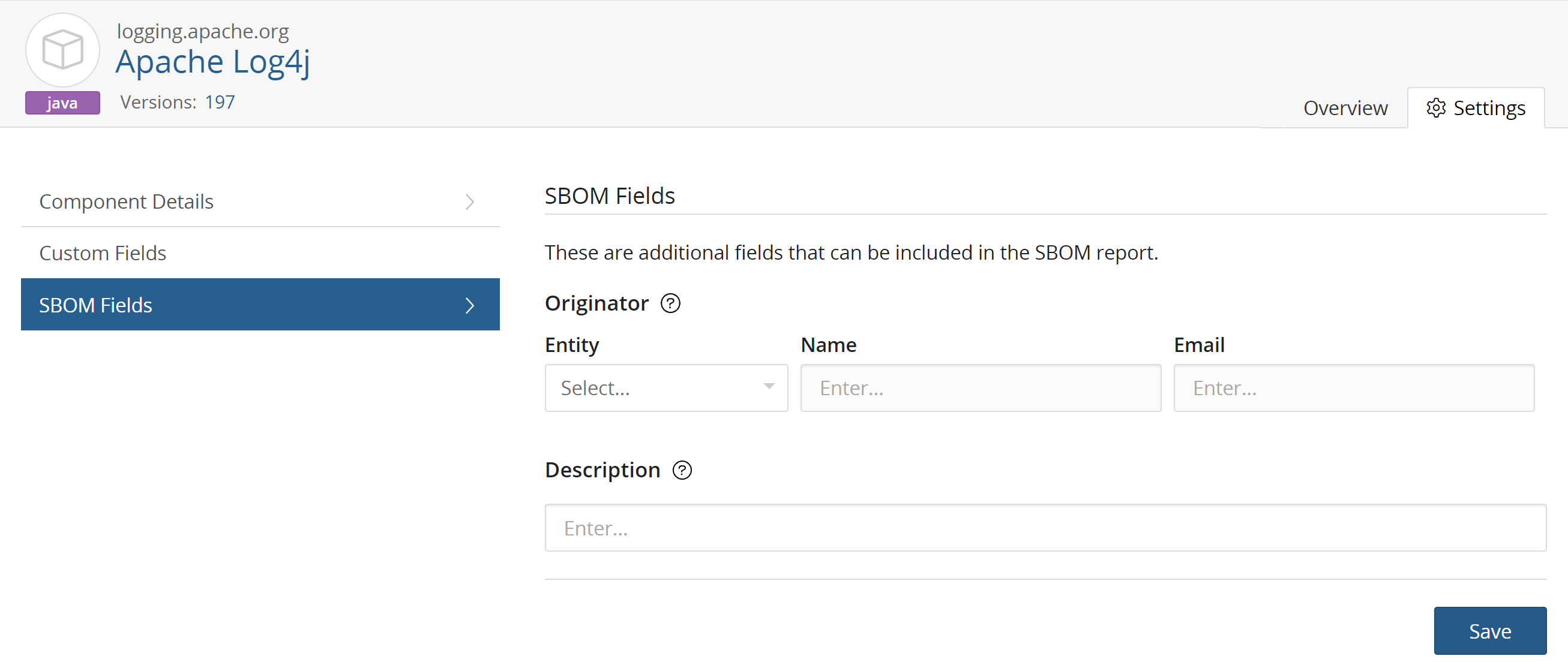 SBOM Fields tab of the Component page