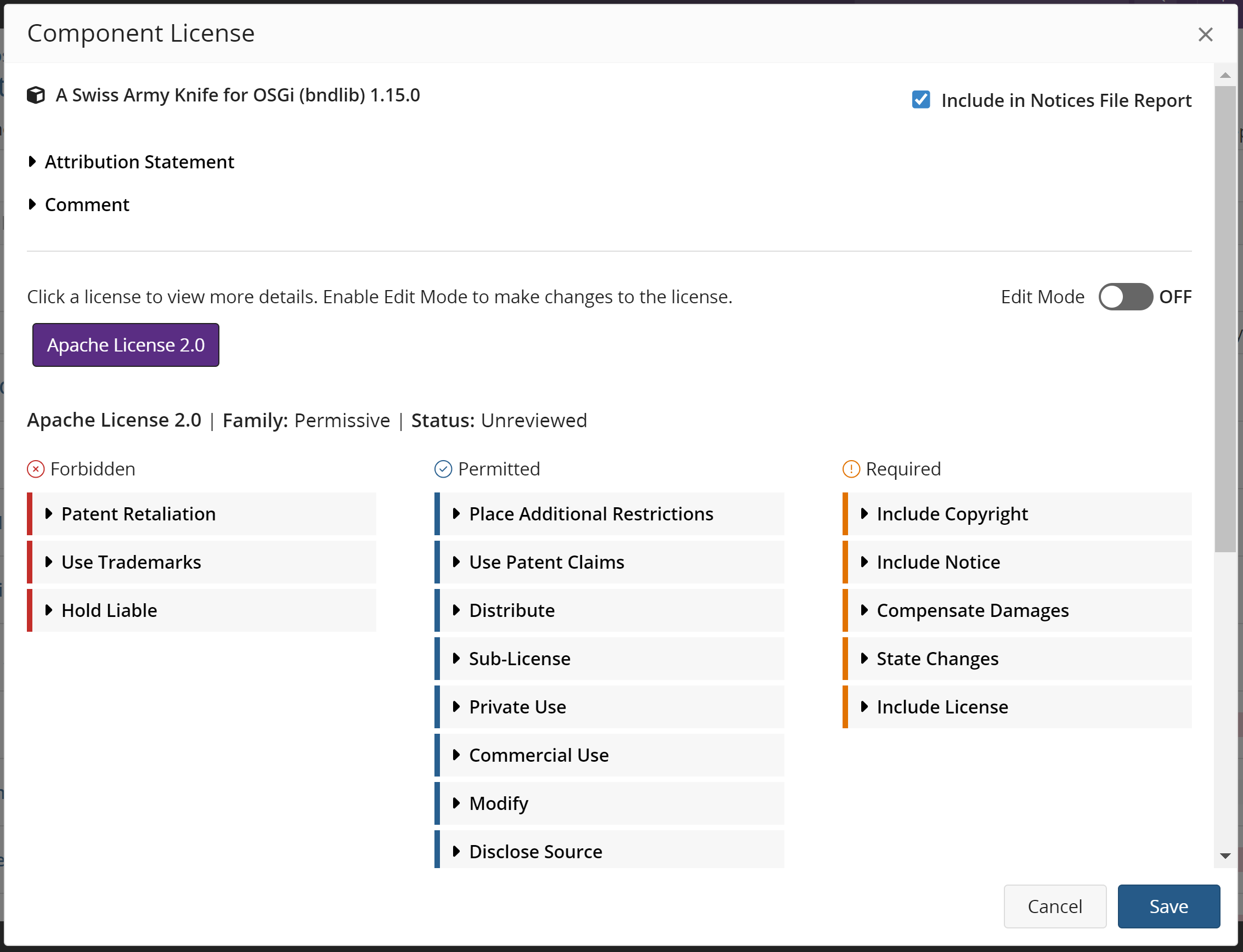 Component Name Version Component License dialog box