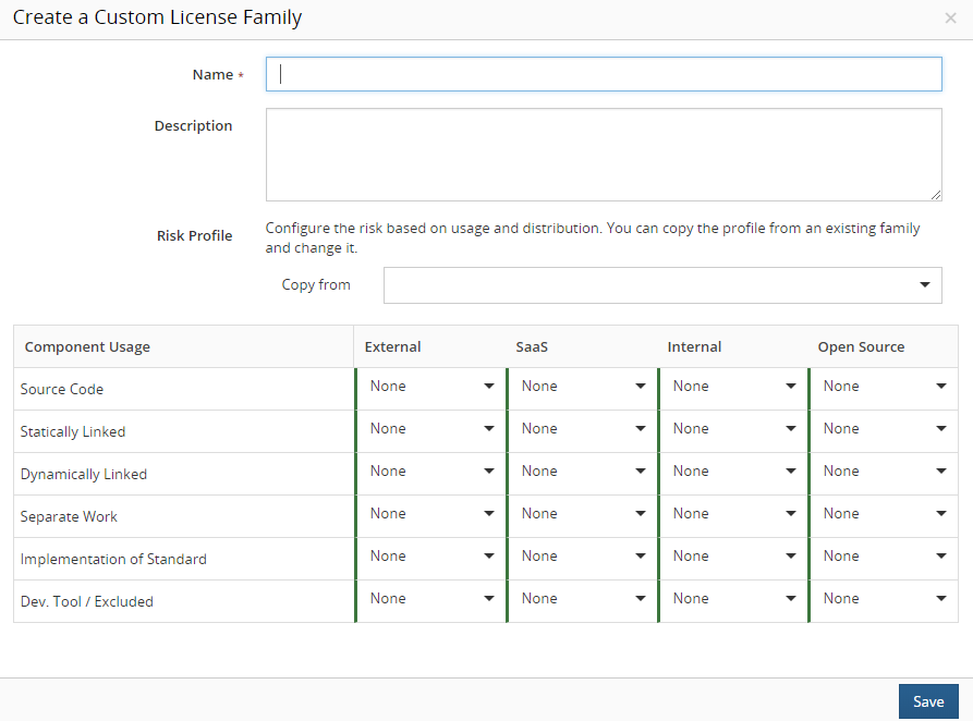 Create a Custom License Family dialog box