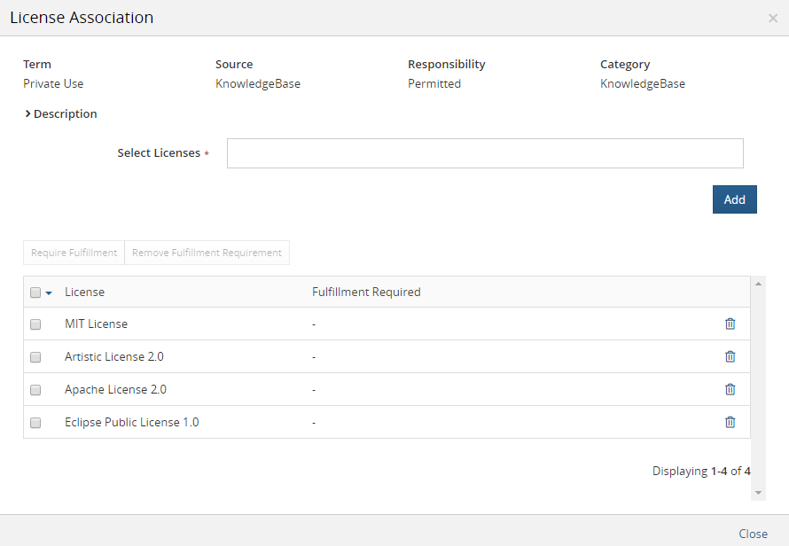 License Association dialog box