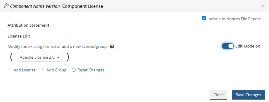 Component License dialog box