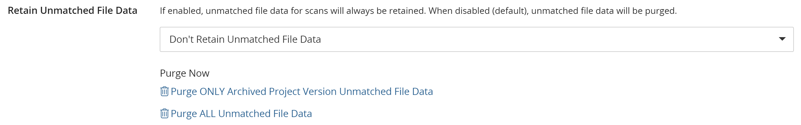 Retain Unmatched File Data section of the Project page Settings tab